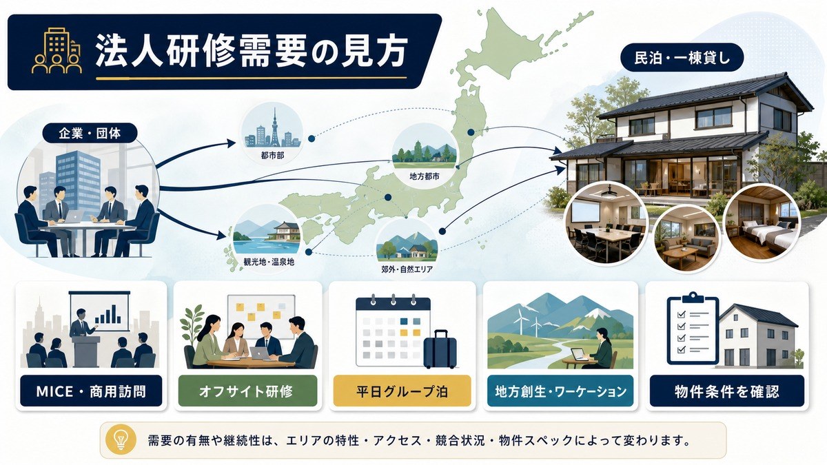 法人研修需要をMICE、オフサイト研修、平日グループ泊、ワーケーション、物件条件確認で整理した図解