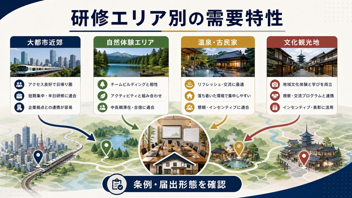 研修エリア別の需要特性を大都市近郊、自然体験エリア、温泉古民家、文化観光地、条例確認で整理した図解