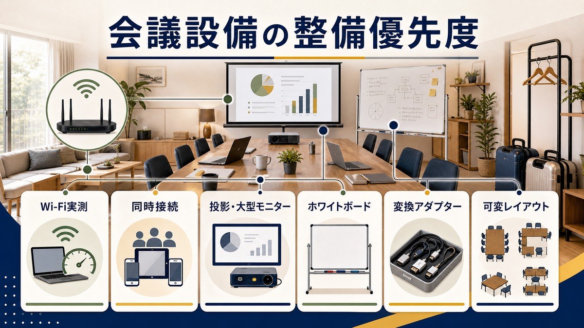 会議設備の整備優先度をWi-Fi実測、同時接続、投影、大型モニター、ホワイトボード、変換アダプターで整理した図解