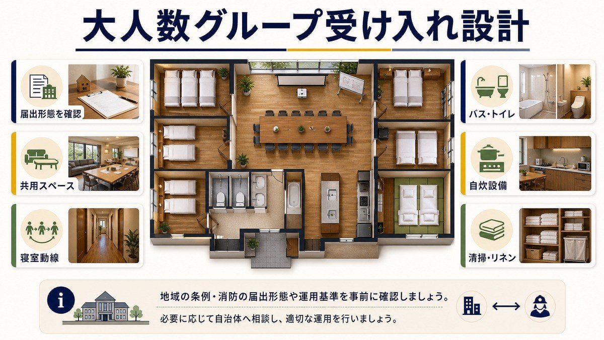 大人数グループ受け入れ設計を届出形態、共用スペース、寝室動線、バスとトイレ、自炊設備、清掃リネンで整理した図解