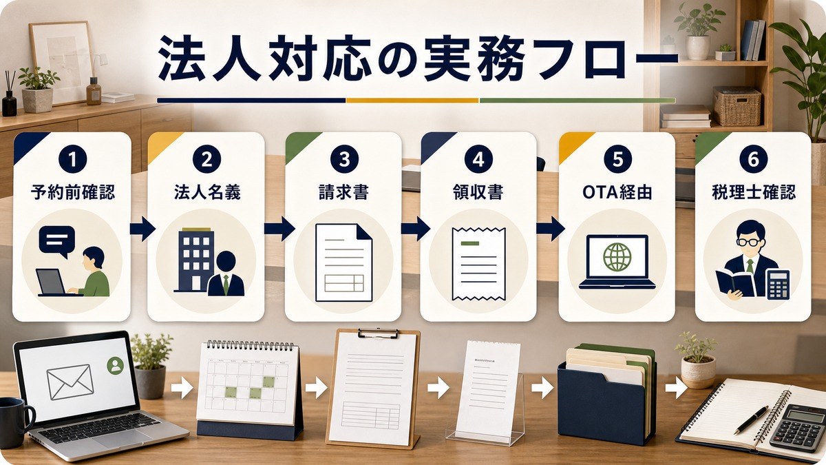 法人対応の実務フローを予約前確認、法人名義、請求書、領収書、OTA経由、税理士確認で整理した図解