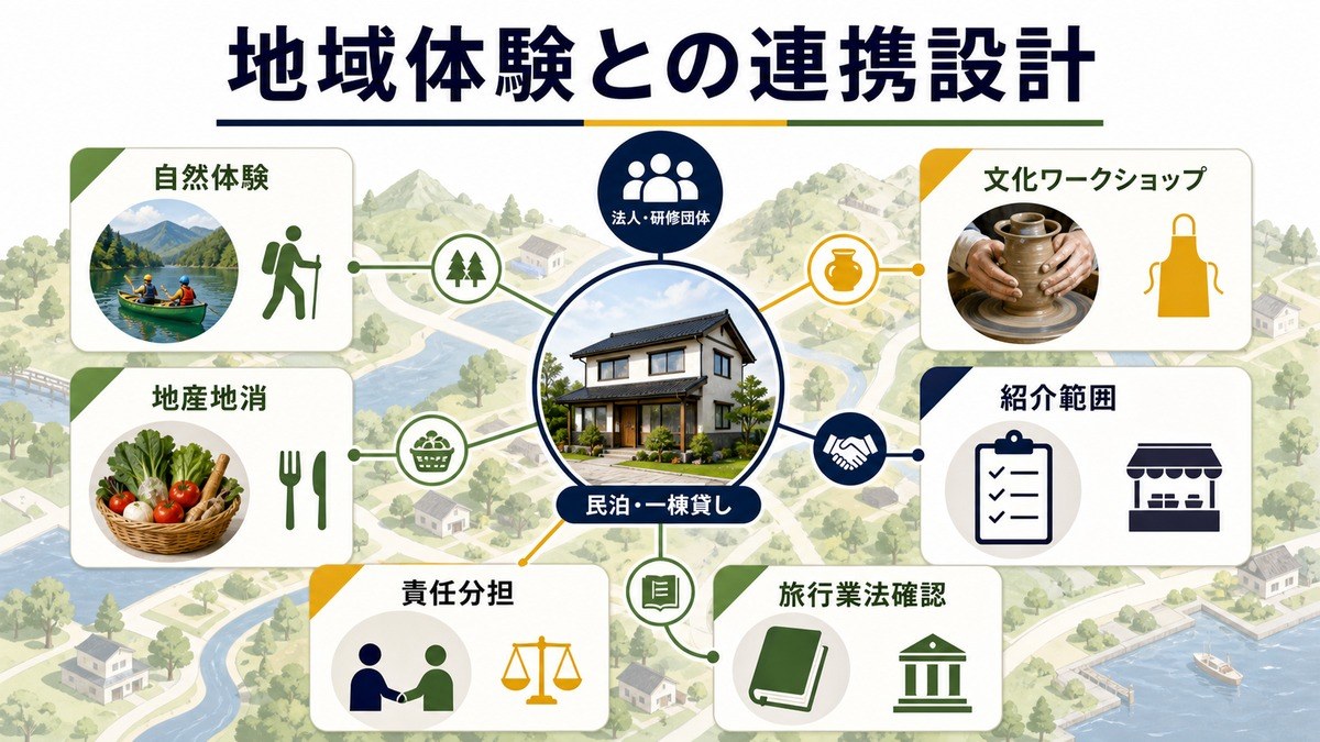地域体験との連携設計を自然体験、文化ワークショップ、地産地消、紹介範囲、責任分担、旅行業法確認で整理した図解