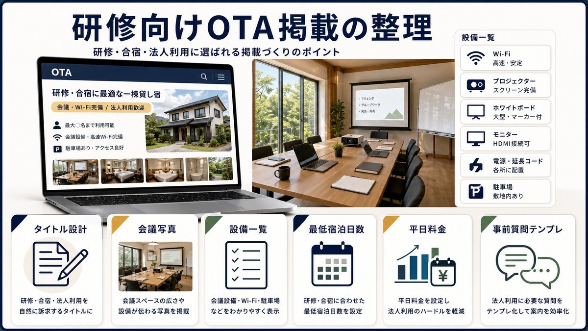 研修向けOTA掲載をタイトル設計、会議写真、設備一覧、最低宿泊日数、平日料金、事前質問テンプレで整理した図解