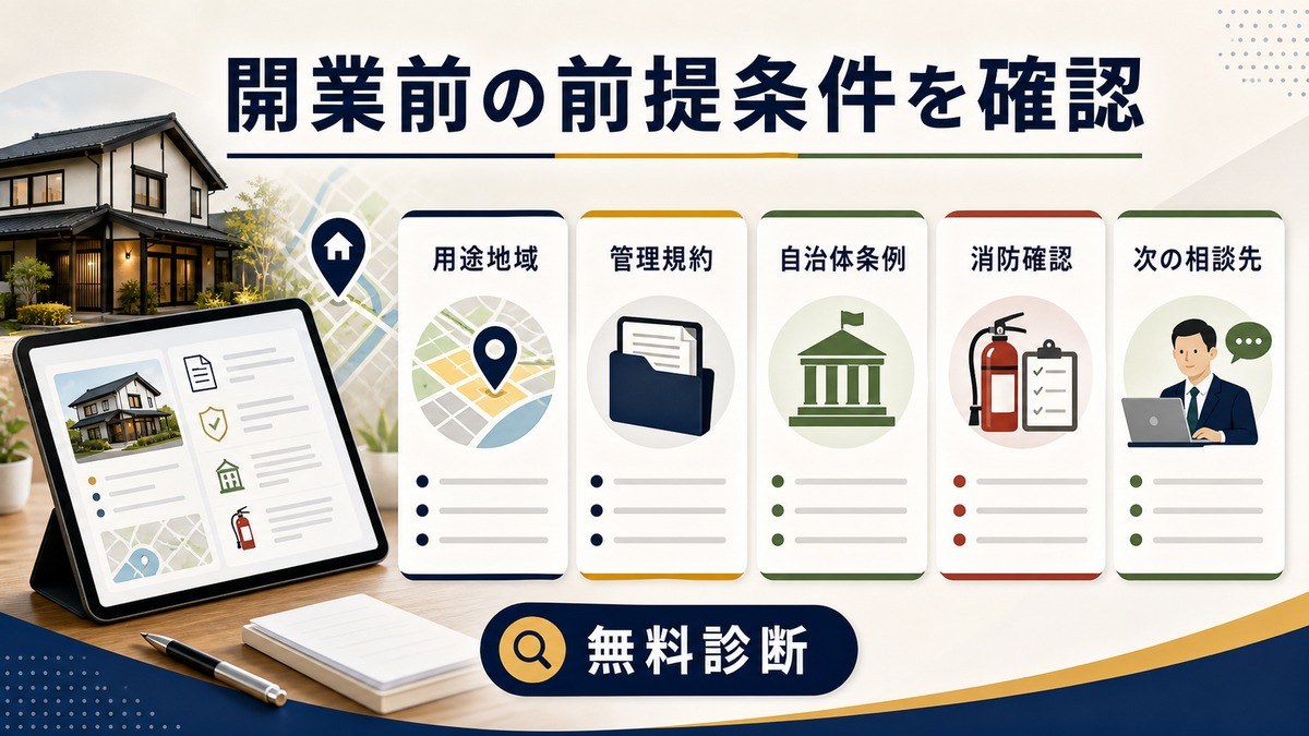 開業前の前提条件を用途地域、管理規約、自治体条例、消防確認、次の相談先で整理した無料診断CTA画像