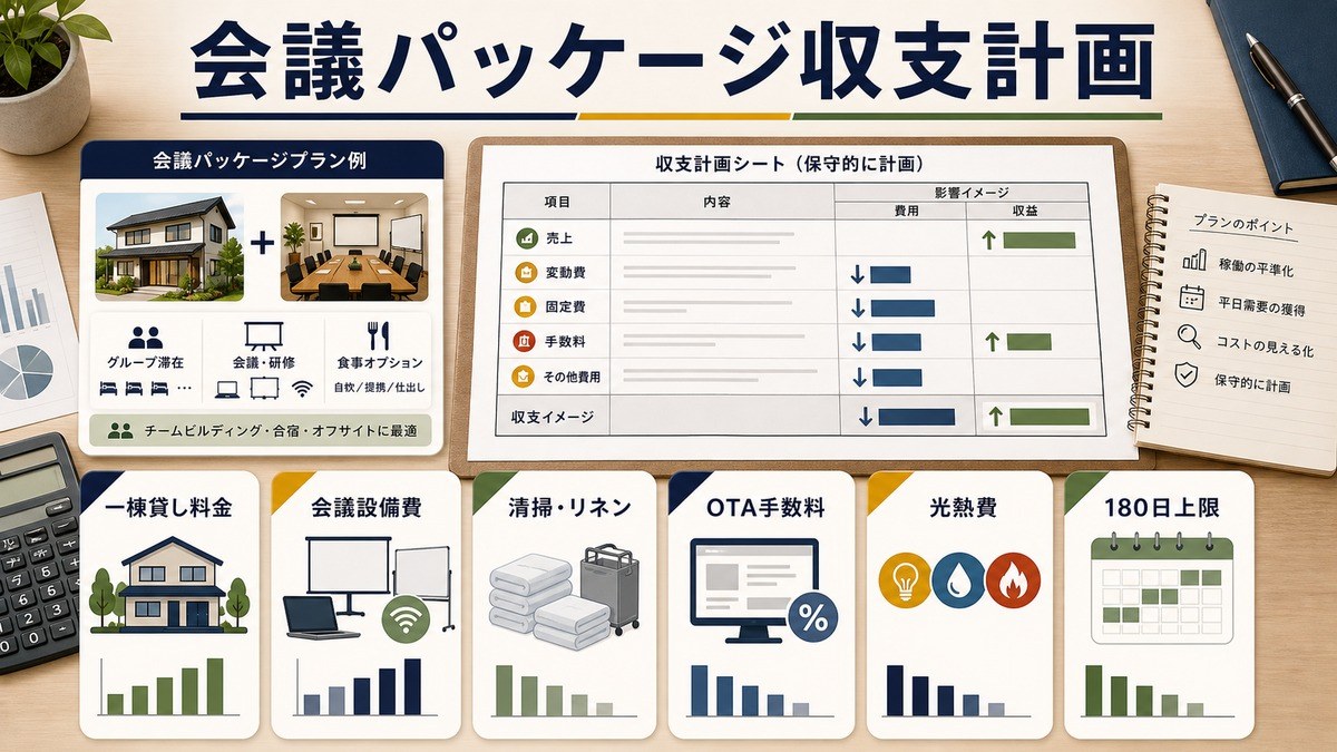 会議パッケージ収支計画を一棟貸し料金、会議設備費、清掃リネン、OTA手数料、光熱費、180日上限で整理した図解