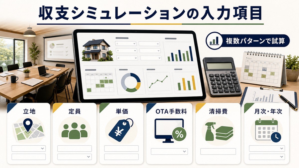 収支シミュレーションの入力項目を立地、定員、単価、OTA手数料、清掃費、月次年次で整理した図解