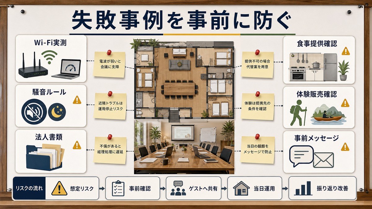 失敗事例をWi-Fi実測、騒音ルール、法人書類、食事提供確認、体験販売確認、事前メッセージで防ぐ図解