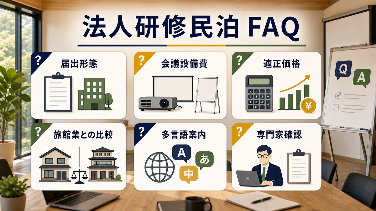 法人研修民泊のFAQを届出形態、会議設備費、適正価格、旅館業との比較、多言語案内、専門家確認で整理した図解