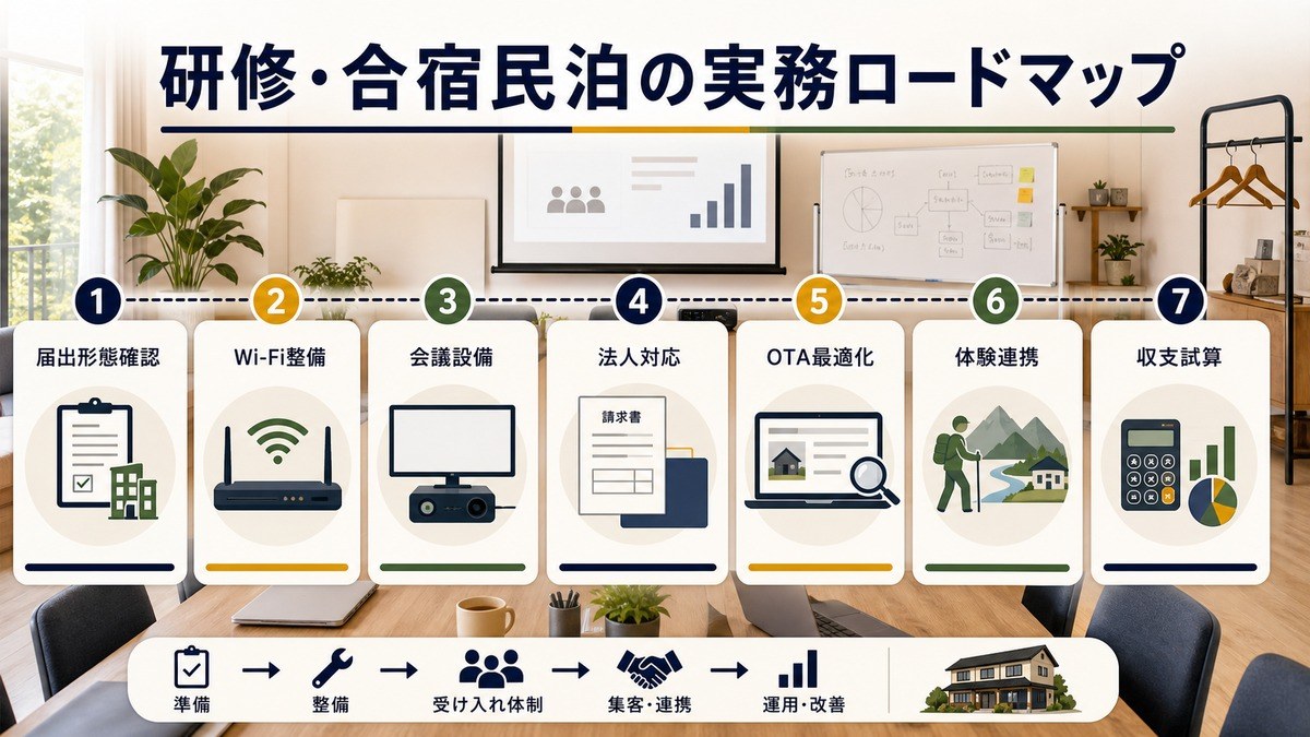 研修・合宿民泊の実務ロードマップを届出形態確認、Wi-Fi整備、会議設備、法人対応、OTA最適化、体験連携、収支試算で整理した図解
