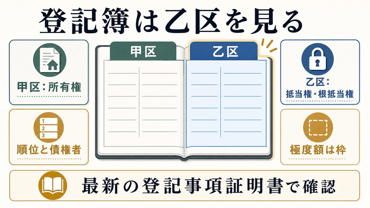 登記事項証明書(登記簿)で抵当権・根抵当権をどう確認するかの要点を整理した図解