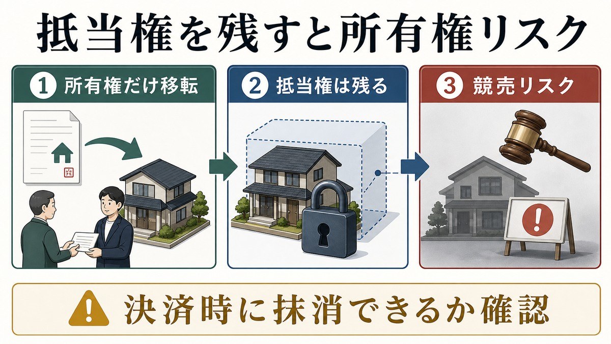 「抵当権が残ったまま市場に出ている物件」を買うときの基本リスクの要点を整理した図解