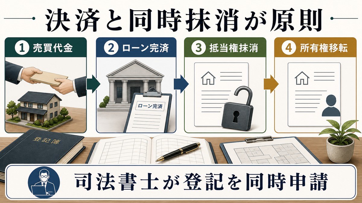 通常売買での抵当権抹消フロー——決済と同時抹消が原則の要点を整理した図解