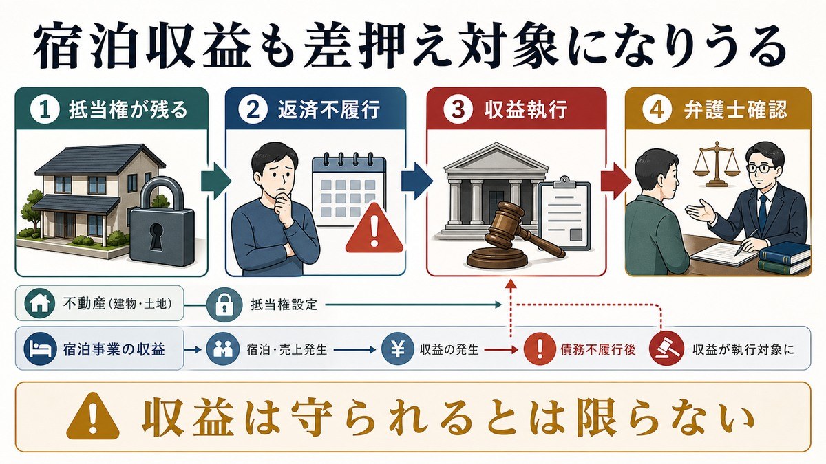 担保不動産収益執行(民法371条)——民泊の宿泊収益が差し押さえられる可能性の要点を整理した図解