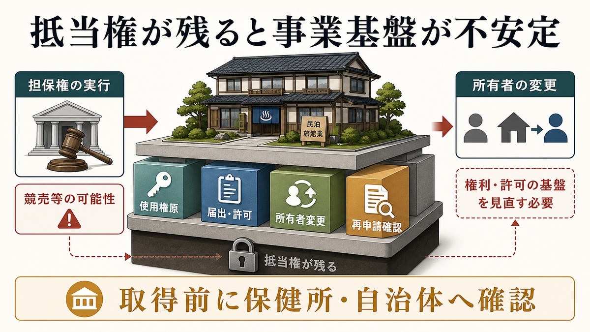 抵当権が残ったまま民泊・旅館業を始めると何が起きるかの要点を整理した図解