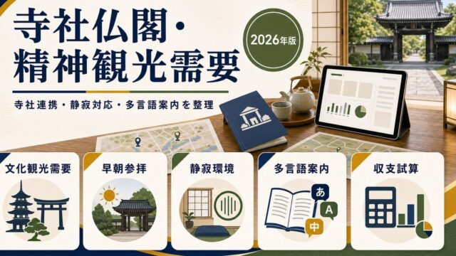 寺社仏閣・精神観光需要に対応する民泊の文化観光需要、早朝参拝、静寂環境、多言語案内、収支試算をまとめたアイキャッチ画像