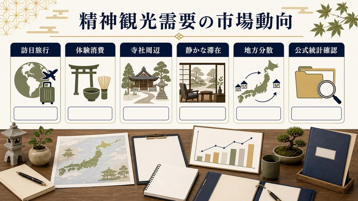精神観光需要の市場動向を訪日旅行、体験消費、寺社周辺、静かな滞在、地方分散、公式統計確認で整理した図解
