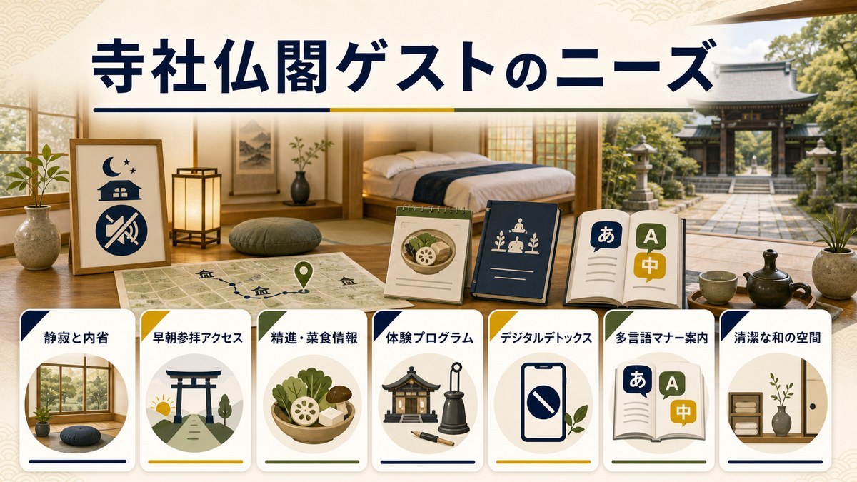 寺社仏閣ゲストの民泊ニーズを静寂と礼節、早朝参拝アクセス、清潔な寝具、体験プログラム、多言語サポート、食事の配慮、交通案内で整理した図解