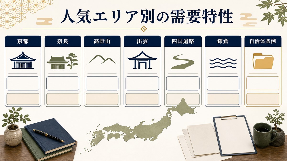 人気エリア別の精神観光需要を京都、奈良、高野山、出雲、四国遍路、鎌倉、自治体条例の観点で整理した図解
