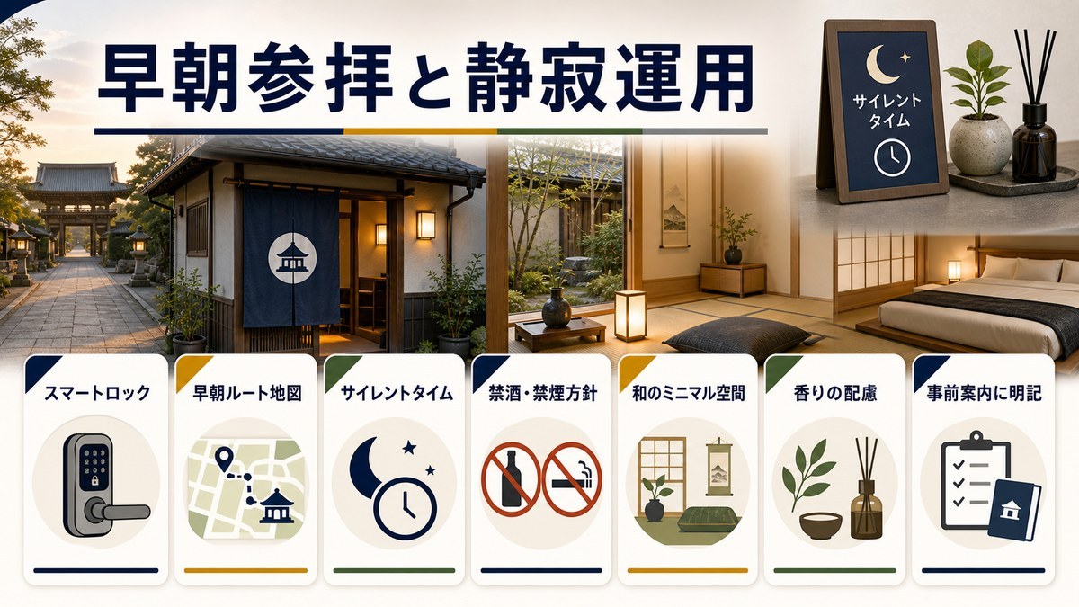 早朝参拝対応と静寂運用をスマートロック、早朝ルート案内、サイレントタイム、禁酒禁煙方針、癒しを保証しない案内、緊急連絡先で整理した図解