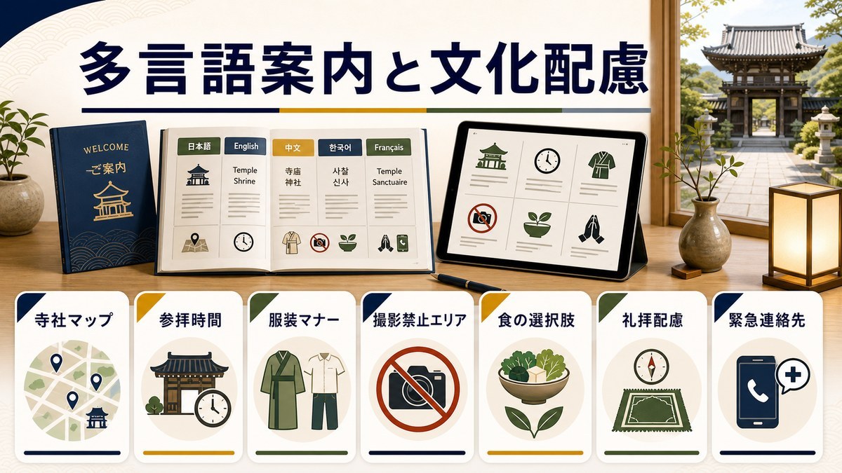 多言語案内と宗教的習慣への配慮を寺社マナー、参拝時間、服装マナー、撮影禁止エリア、食の選択肢、礼拝配慮、緊急連絡先で整理した図解