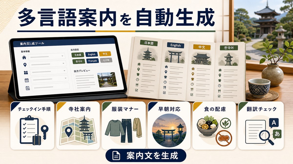 多言語案内の自動生成をチェックイン手順、寺社案内、翻訳マナー、早朝対応、食の配慮、専門チェックで整理した図解