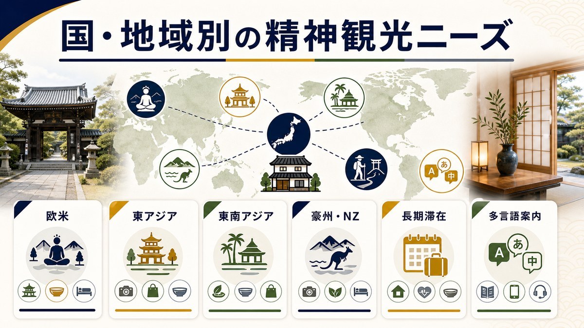 インバウンドの精神観光ニーズを欧米、東アジア、東南アジア、豪州とニュージーランド、長期滞在、多言語案内で整理した図解
