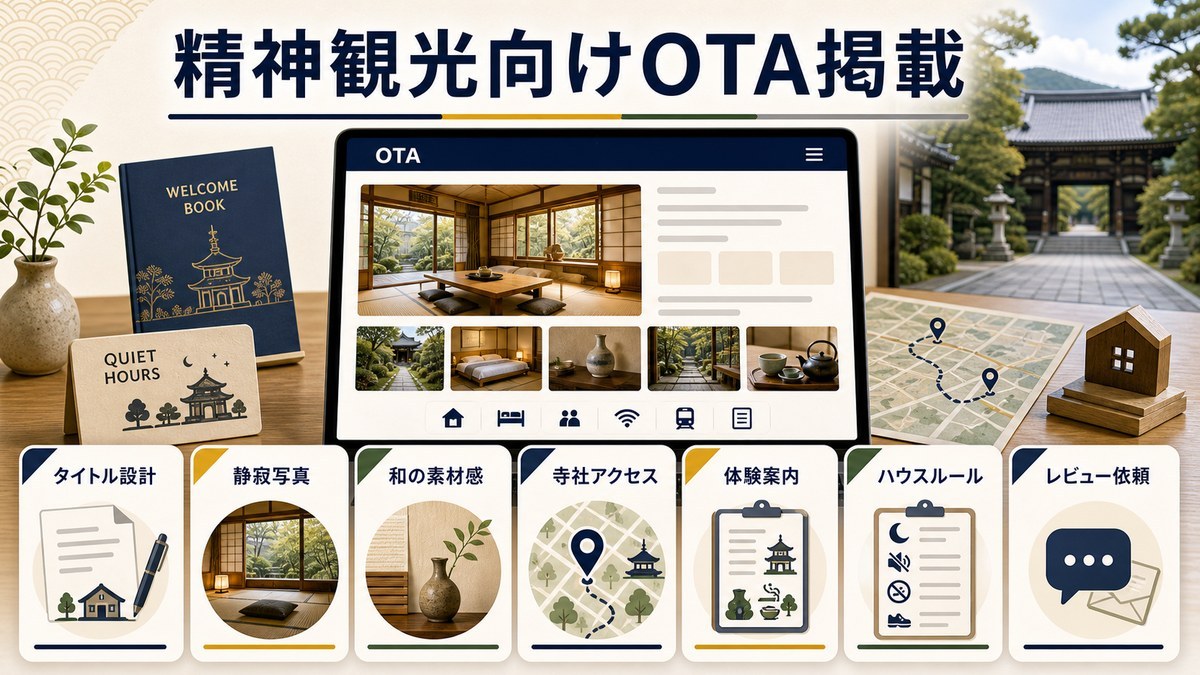 精神観光向けOTA掲載をタイトル設計、静寂写真、周辺案内、寺社アクセス、多言語案内、ハウスルール、レビュー返信で整理した図解
