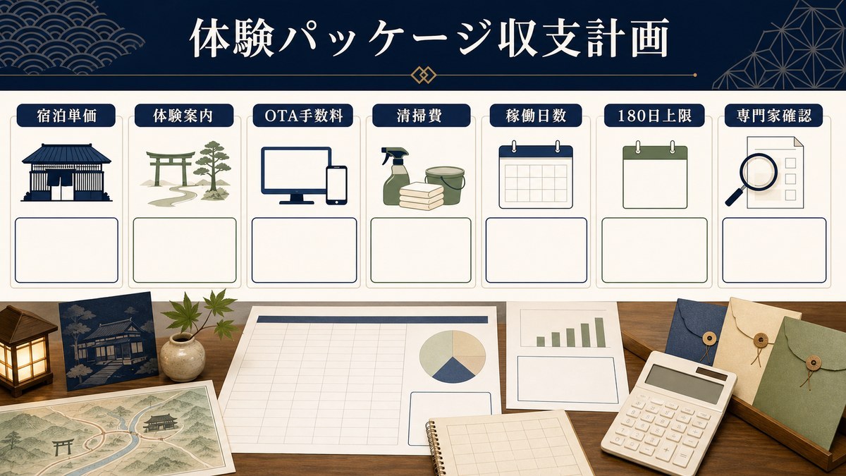 体験パッケージの収支計画を宿泊単価、体験案内、OTA手数料、清掃費、稼働日数、180日上限、専門家確認で整理した図解