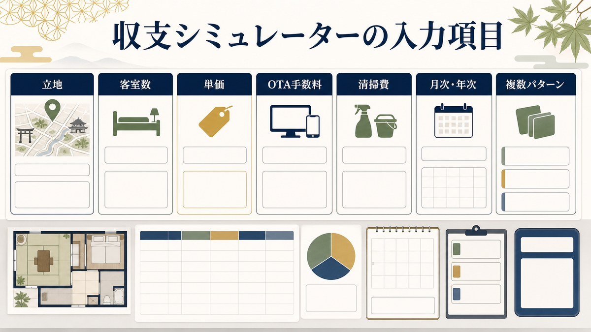 収支シミュレーターの入力項目を立地、客室数、単価、OTA手数料、清掃費、月次年次、複数パターンで整理した図解