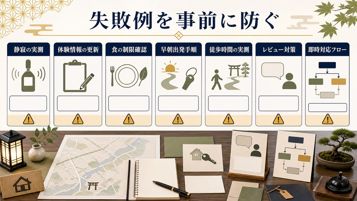 精神観光対応民泊の失敗例を静寂の実測、体験情報の更新、食の制限確認、早朝出発手順、徒歩時間の実測、レビュー対策、即時対応フローで防ぐ図解