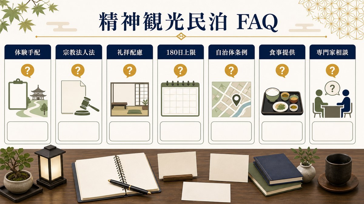 精神観光民泊のFAQを体験手配、宗教法人法、礼拝配慮、180日上限、自治体条例、食事提供、専門家相談で整理した図解