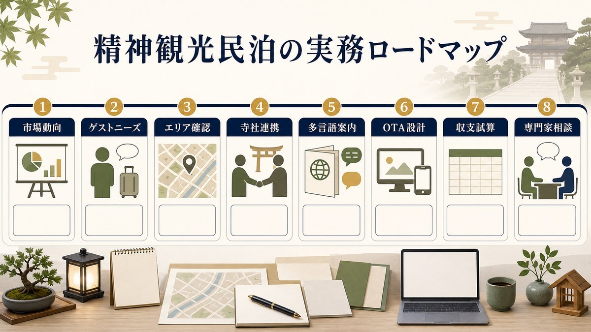 精神観光民泊の実務ロードマップを市場動向、ゲストニーズ、エリア確認、寺社連携、多言語案内、OTA設計、収支試算、専門家相談で整理した図解