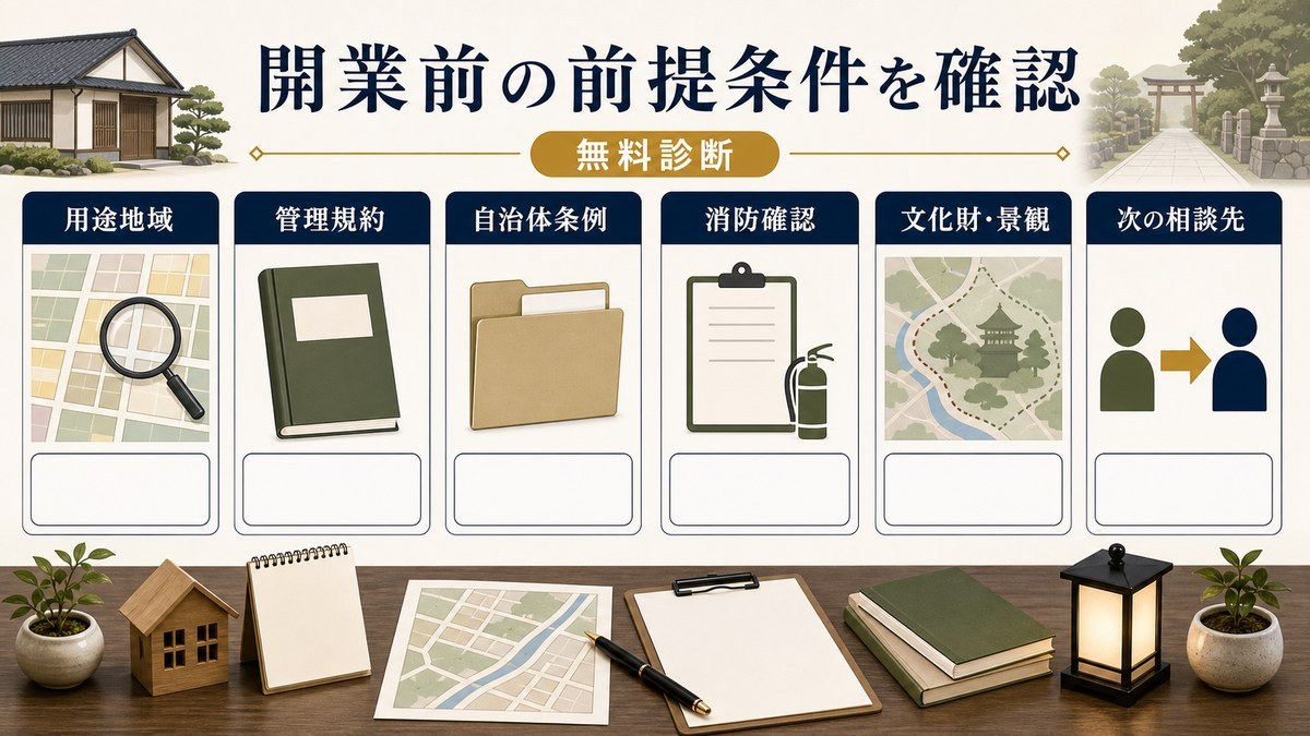開業前の無料診断で確認する用途地域、管理規約、自治体条例、消防確認、文化財と景観、次の相談先を整理した図解