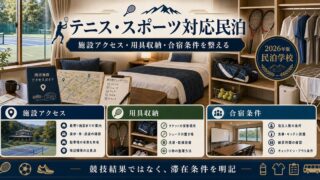 テニス・スポーツ対応民泊の施設アクセス、用具収納、合宿条件を整理した図