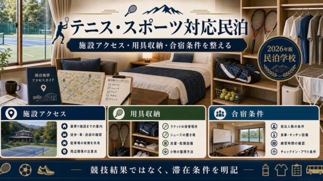 テニス・スポーツ対応民泊の施設アクセス、用具収納、合宿条件を整理した図