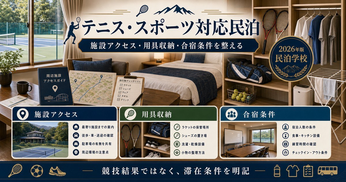 テニス・スポーツ対応民泊の施設アクセス、用具収納、合宿条件を整理した図