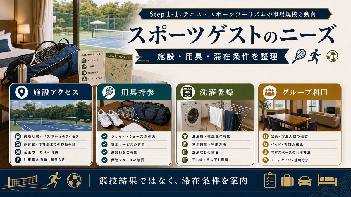 スポーツゲストのニーズを施設アクセス、用具持参、洗濯乾燥、グループ利用で整理した図