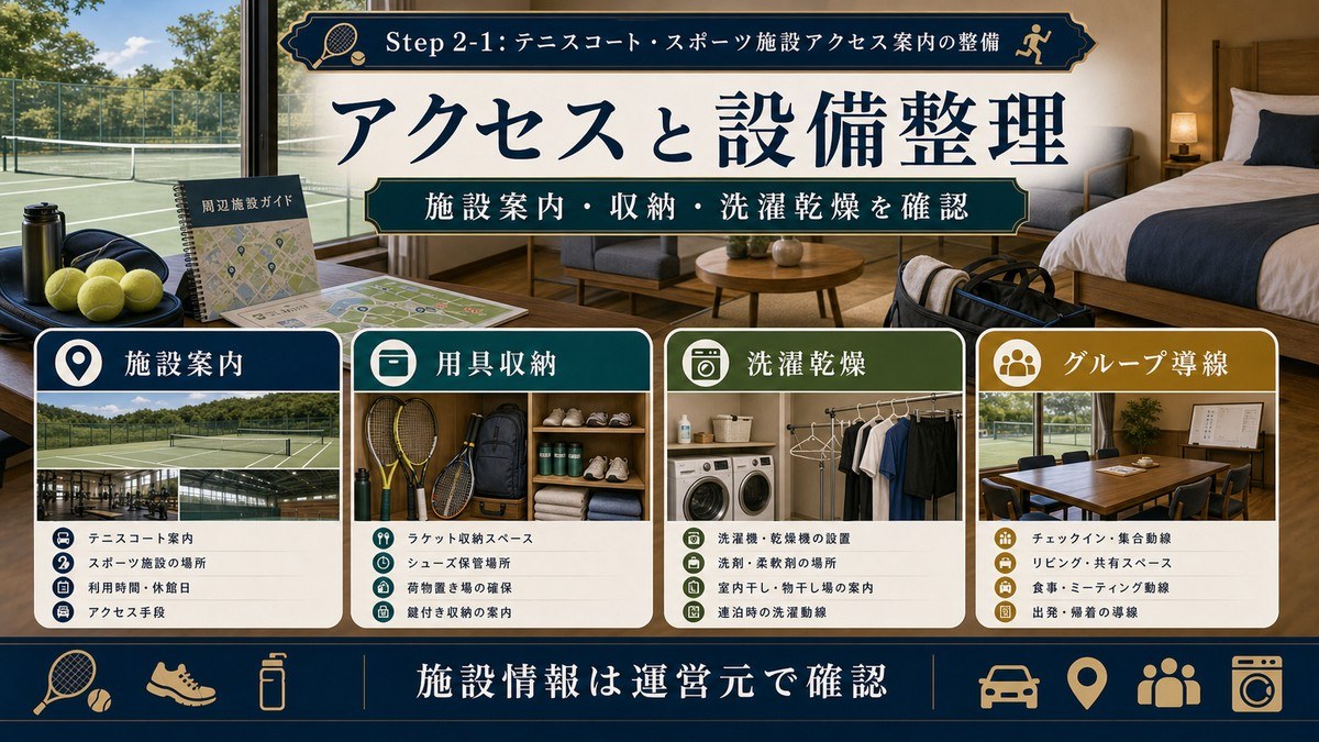 テニス・スポーツ対応民泊のアクセスと設備を施設案内、用具収納、洗濯乾燥、グループ導線で整理した図