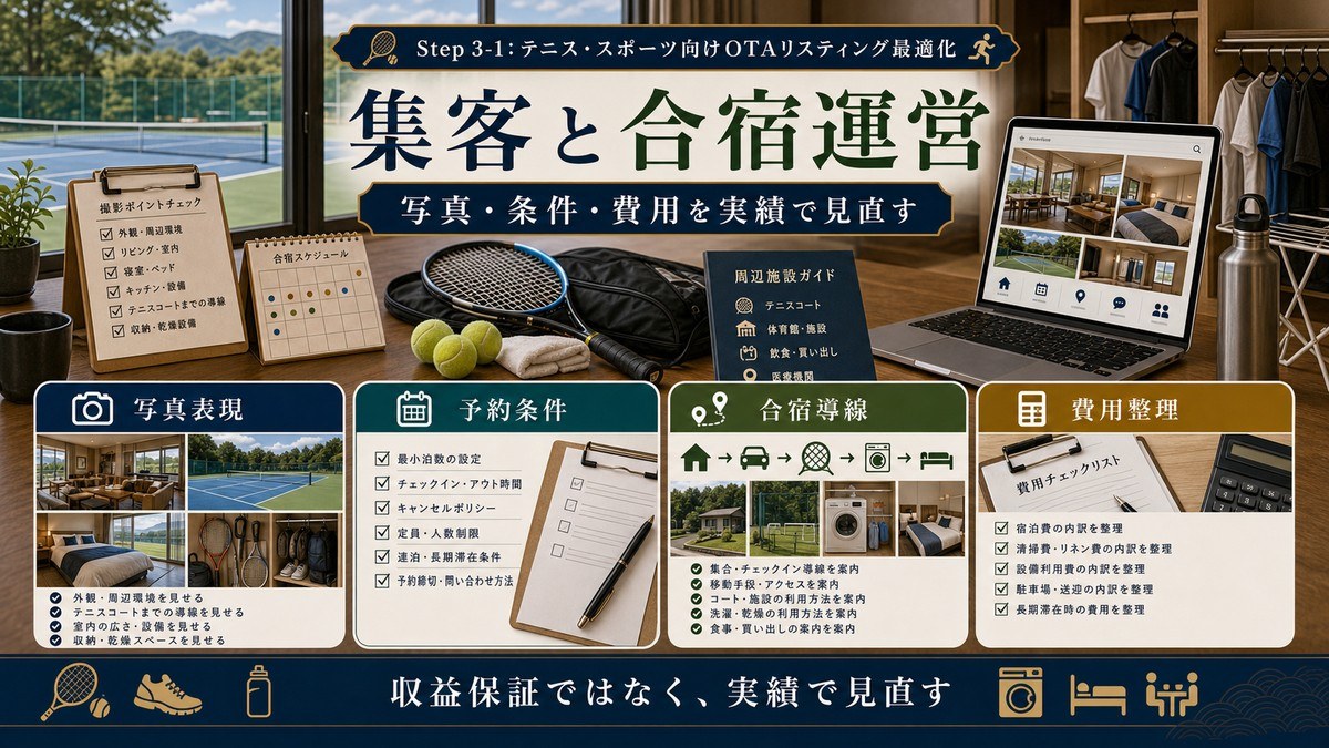 テニス・スポーツ対応民泊の集客と合宿運営を写真表現、予約条件、合宿導線、費用整理で示した図