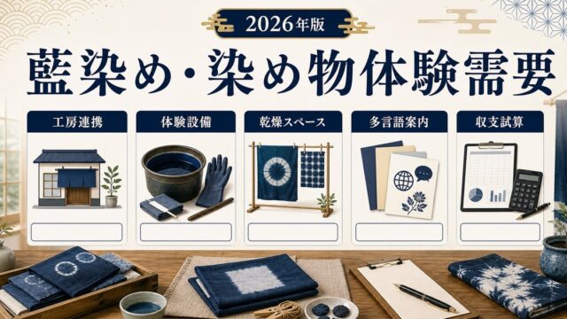 藍染め・染め物体験需要に対応する民泊の工房連携、体験設備、乾燥スペース、多言語案内、収支試算をまとめたアイキャッチ画像