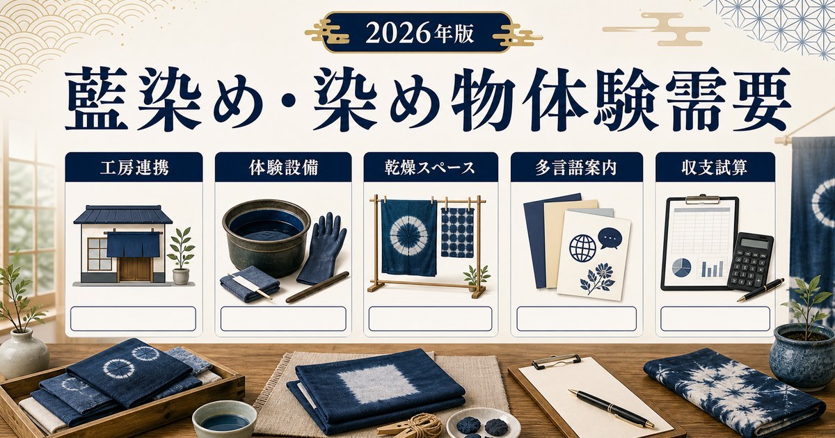 藍染め・染め物体験需要に対応する民泊の工房連携、体験設備、乾燥スペース、多言語案内、収支試算をまとめたアイキャッチ画像