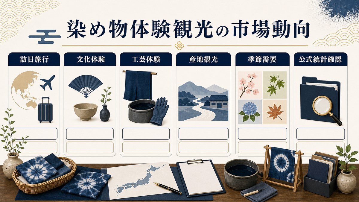 染め物体験観光の市場動向を訪日旅行、文化体験、工芸体験、産地観光、季節需要、公式統計確認で整理した図解