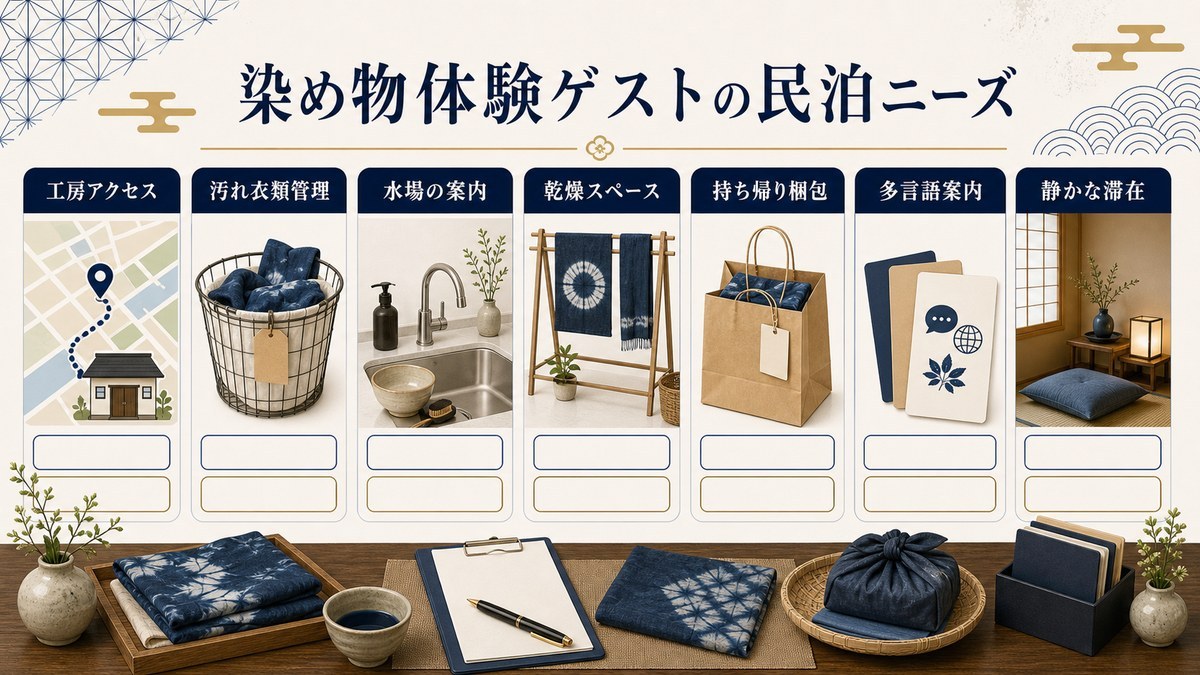 染め物体験ゲストの民泊ニーズを工房アクセス、汚れ衣類管理、水場の案内、乾燥スペース、持ち帰り梱包、多言語案内、静かな滞在で整理した図解