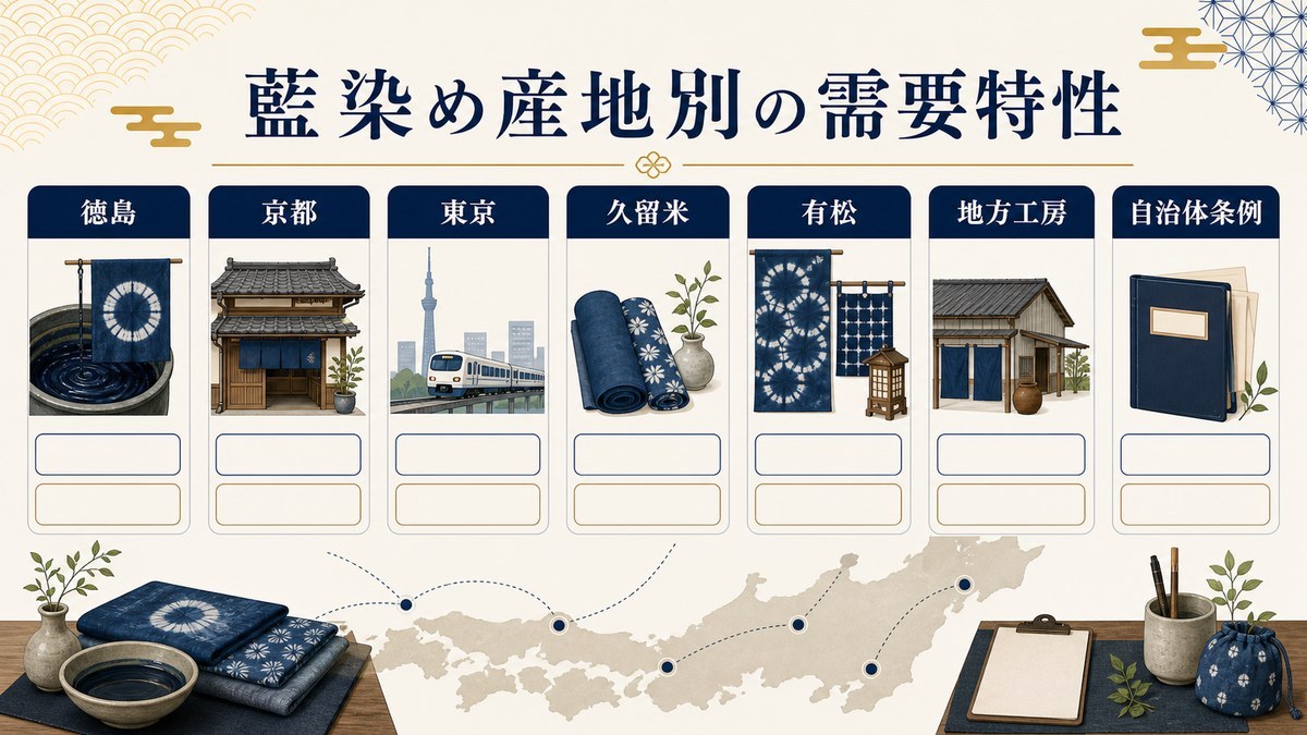 藍染め産地別の需要特性を徳島、京都、東京、久留米、有松、地方工房、自治体条例で整理した図解
