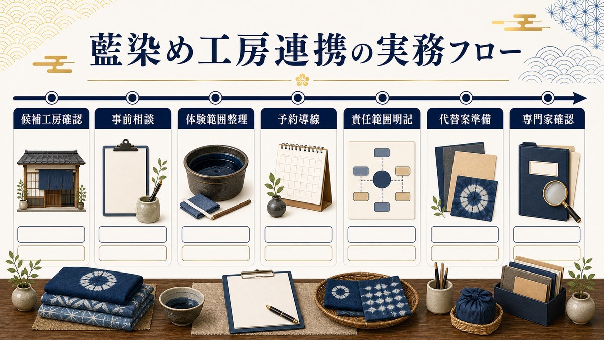 藍染め工房連携の実務フローを候補工房確認、事前相談、体験範囲整理、予約導線、責任範囲明記、代替案準備、専門家確認で整理した図解