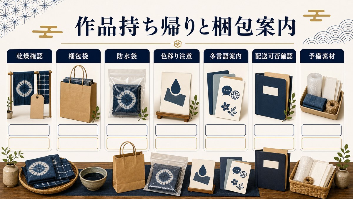 作品持ち帰りと梱包案内を乾燥確認、梱包袋、防水袋、色移り注意、多言語案内、配送可否確認、予備素材で整理した図解