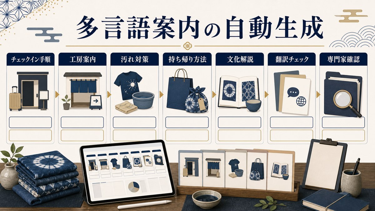 多言語案内の自動生成をチェックイン手順、工房案内、汚れ対策、持ち帰り方法、文化解説、翻訳チェック、専門家確認で整理した図解