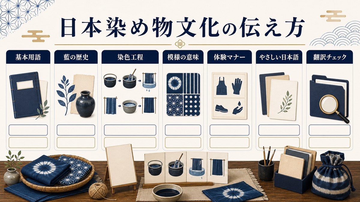 日本染め物文化の伝え方を基本用語、藍の歴史、染色工程、模様の意味、体験マナー、やさしい日本語、翻訳チェックで整理した図解