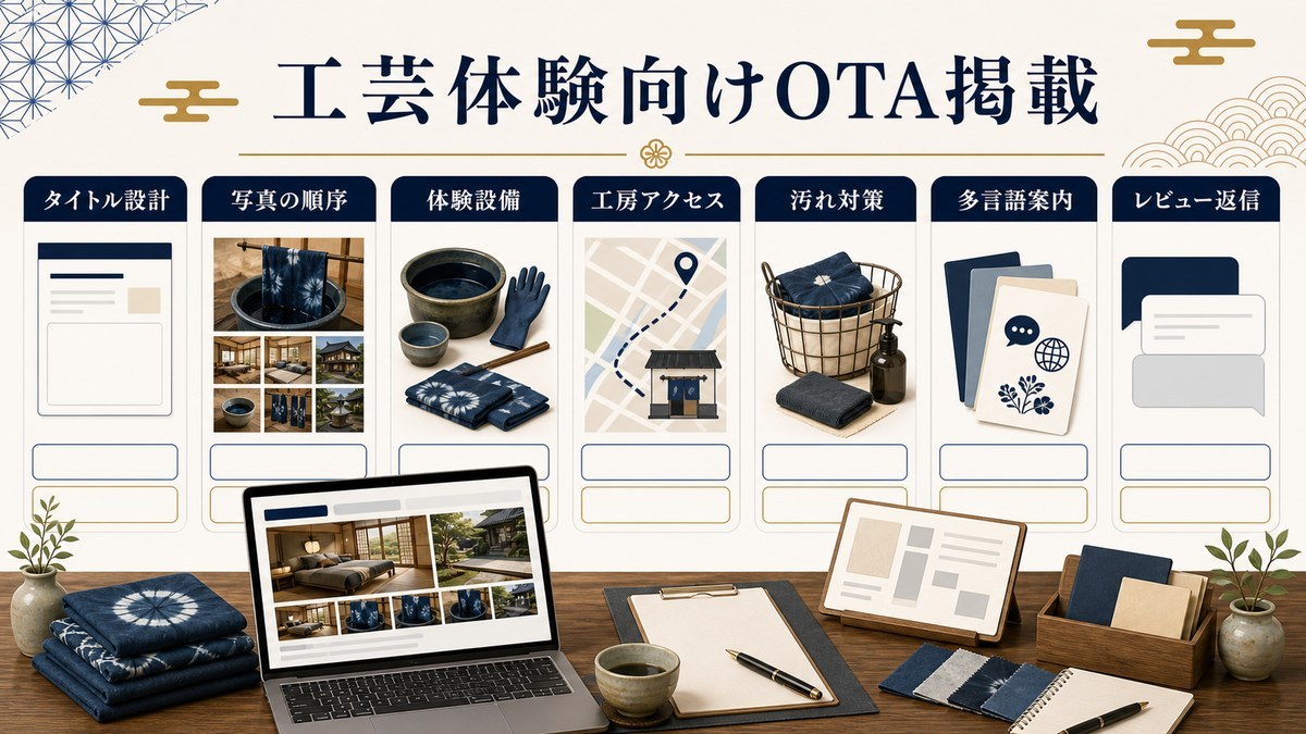 工芸体験向けOTA掲載をタイトル設計、写真の順序、体験設備、工房アクセス、汚れ対策、多言語案内、レビュー返信で整理した図解