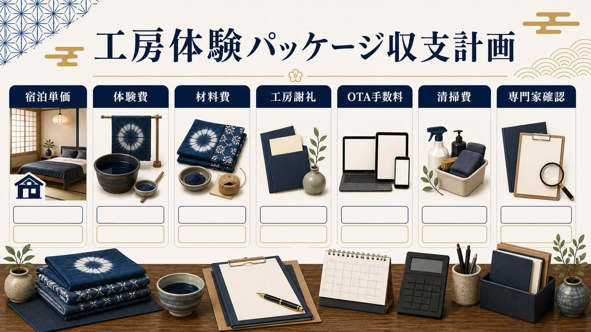 工房体験パッケージ収支計画を宿泊単価、体験費、材料費、工房謝礼、OTA手数料、清掃費、専門家確認で整理した図解